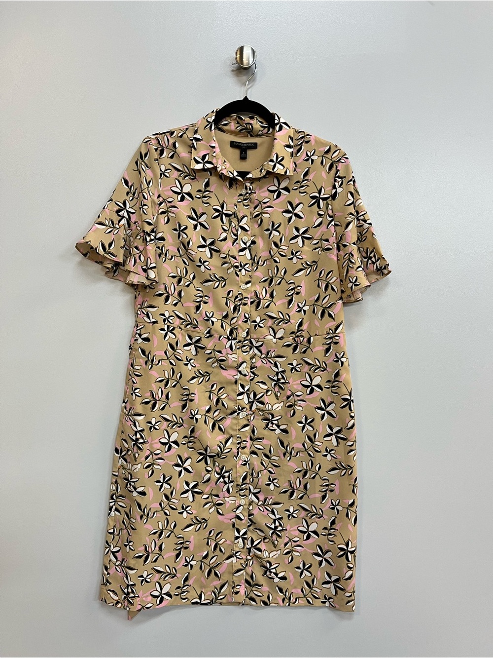 Banana Republic Beige Floral Button-Down Shirt Dress with Pink Accents